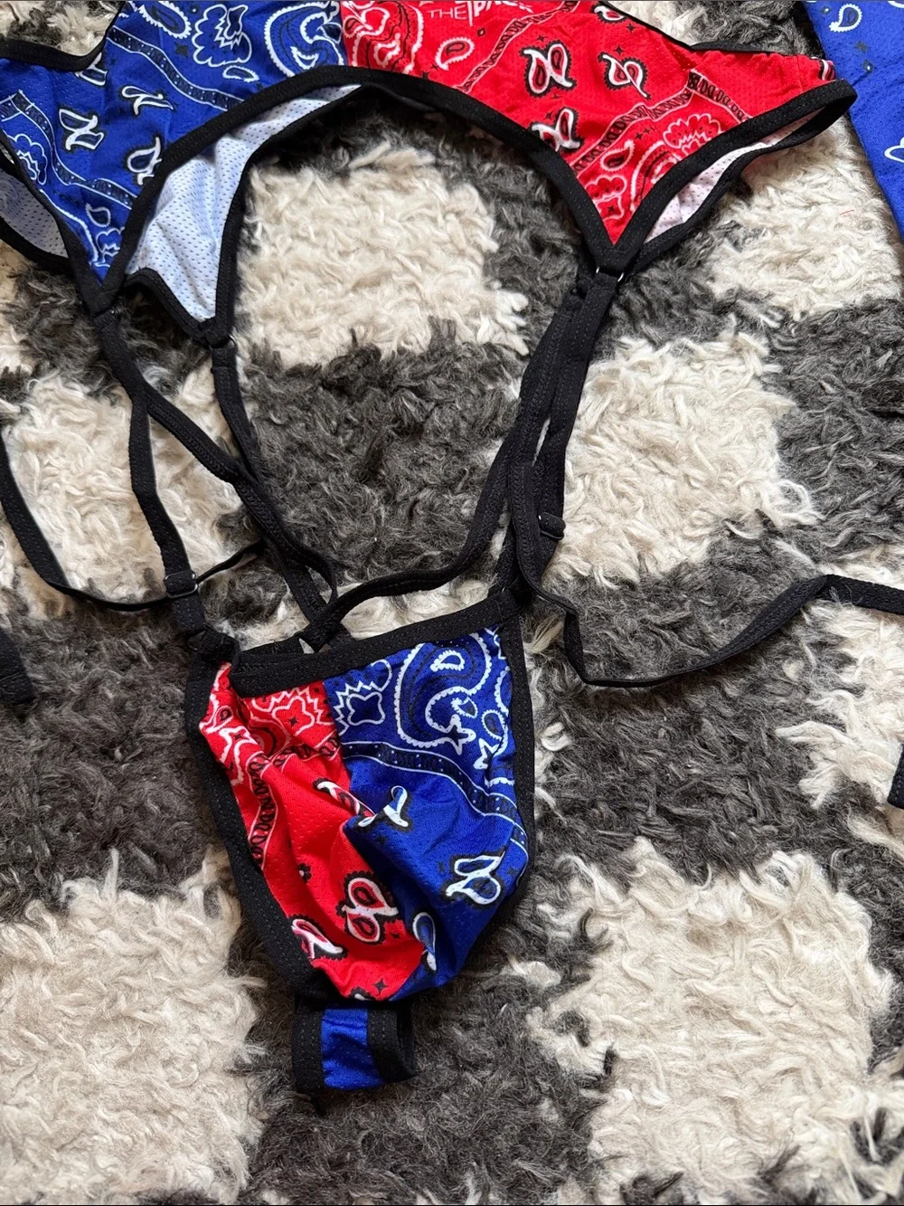 NWT Bandana Split Crop Harness Bodysuit & Arm Sleeves Set - Red & Blue